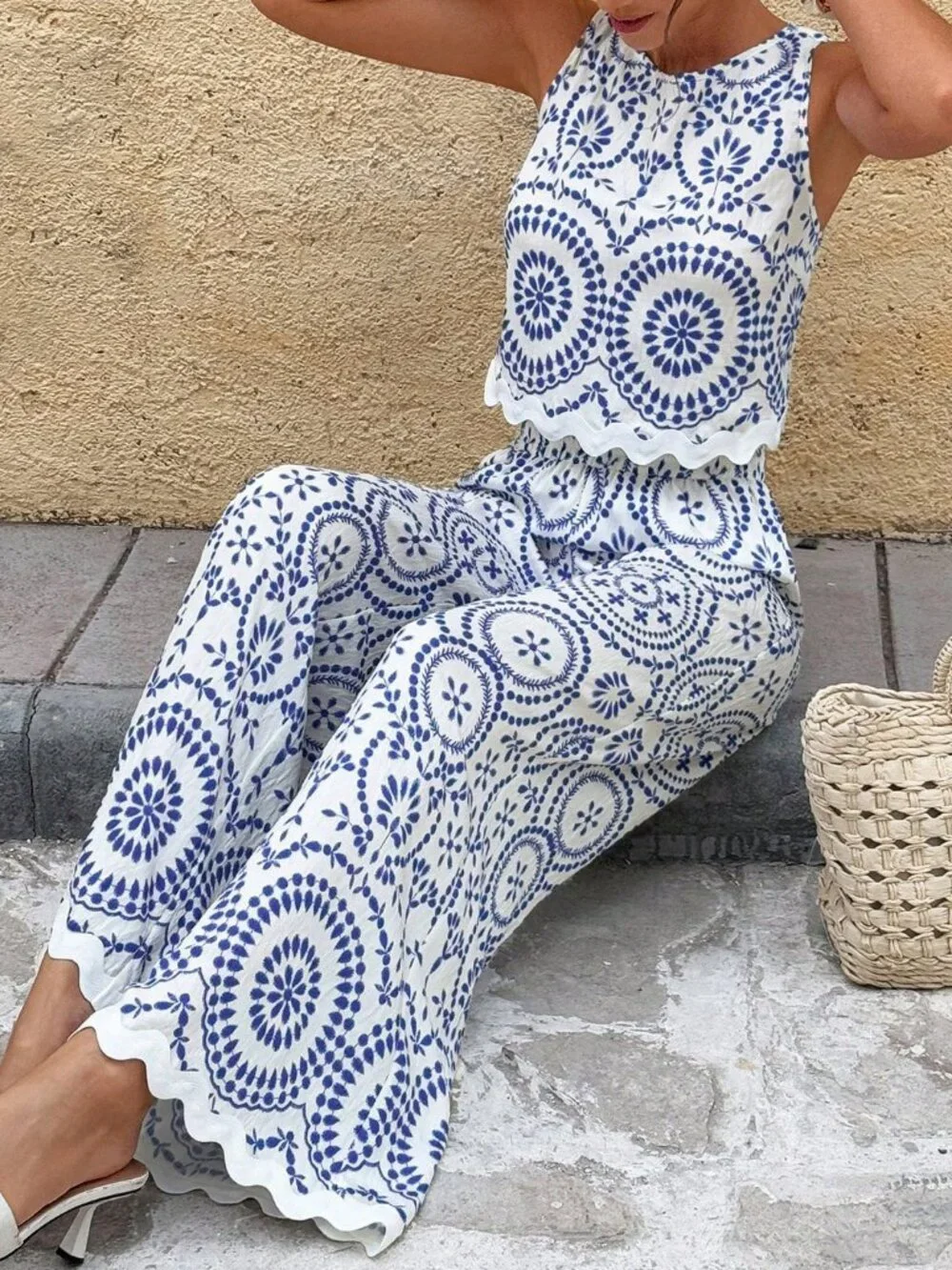 Blue Boho Women's Allover Print Casual Sleeveless Top & Loose Wide Leg Pants - Picture 1 of 6